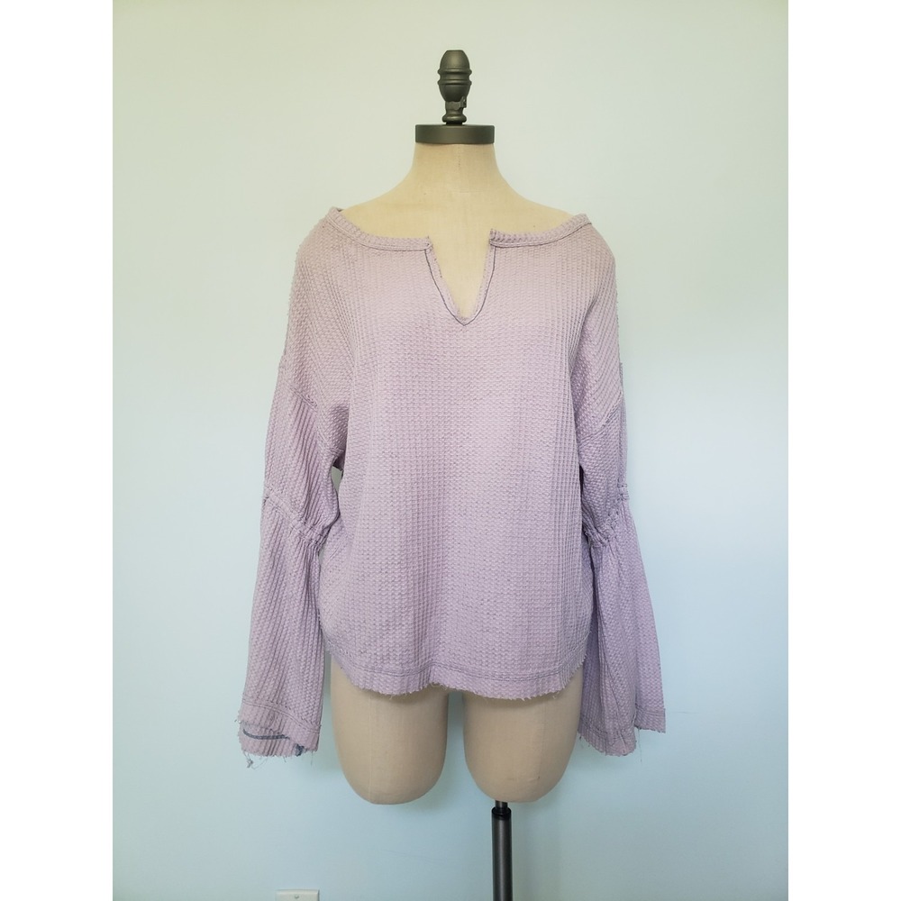 We the Free People Top Womens XS Waffle Knit Top Pink Oversized Puff Sleeve